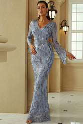 Vestidos de noche formales con aberturas y mangas largas con estampado azul